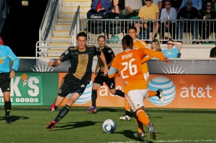 Sebastien Le Toux goes hard for the ball