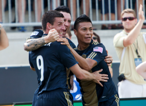 Happier days for Danny Califf, Sebastien Le Toux, and Michael Orozco Fiscal, before Peter Nowak exiled all three under questionable circumstances. (Photo: Daniel Gajdamowicz)