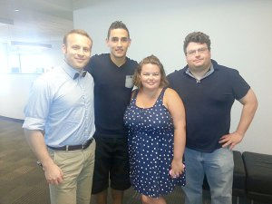 At the KYW studios, L-R: Soccer Show co-host Eli Pearlman-Storch, Union midfielder Leo Fernandes, Sons of Ben travel coordinator Kelly Delaney, and co-host Greg Orlandini.