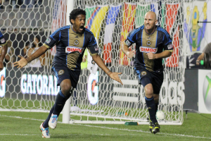 Sheanon Williams celebrates an improbable goal against Chicago. (Photo: Paul Rudderow)