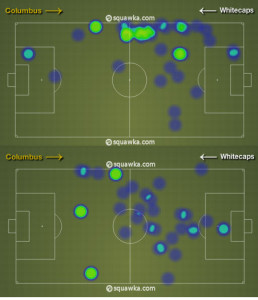 Columbus took out Anor (top) for Meram (bottom) to put more pressure on Vancouver's central midfielders.