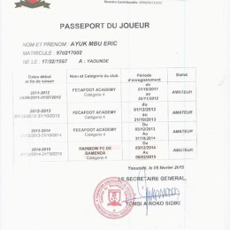 Ayuk's player registration with the Cameroon Football Federation, as provided by Teixeira. Click to view a larger image.