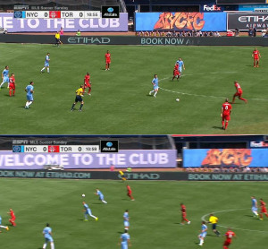 Giovinco's movement is stellar. On this play, he sits on Shay Facey and when the defender drifts too high, follows before ducking into the space left behind to chase Cheyrou's lob. The defense collapsed and opened lanes for Jackson and Findley to join.