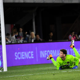 Matt Freese watches the ball go into the net.