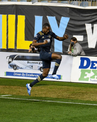 Cory Burke celebrates a goal in the second half of the game. This is his first goal since returning to the Union.