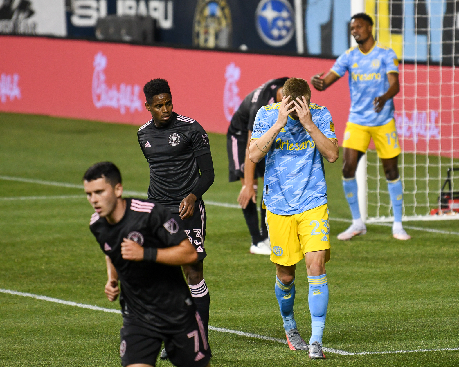 Kacper Przybylko is equally frustrated that he could not put the ball in the net.