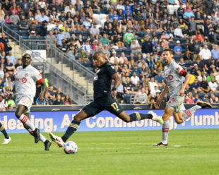 Sergio Santos strikes the ball into the net for one of three goals scored by the Union in the win over Toronto FC.