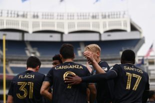 The team celebrates the goal by Daniel Gazdag with a textbook assist from Nathan Harriel