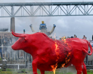 Phang celebrates the "Burning of the Bull" ahead of the game against the Red Bulls.
