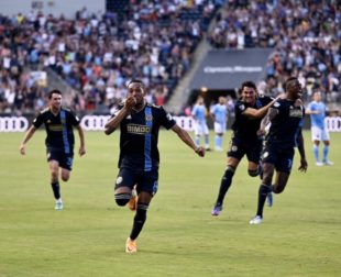 Jose Martinez kisses his wrist and runs towards the corner to celebrate the late goal giving the Union the win!