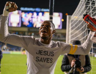 Andre Blake celebrates with the River End after a BIG clean sheet.