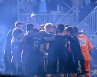 After Daniel Gazdag's hat trick on the night, the entire team came to celebrate the goal with him.