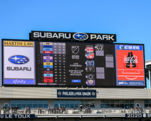The Jumbotron at Subaru Park shows the standings for the 2022 Play-offs.