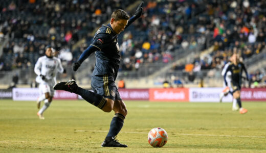 Captain, Alejandro Bedoya send the ball into the box after working his was down the field.