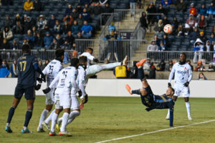 Kai Wagner attempts a bicycle kick during the 2nd half of the game.