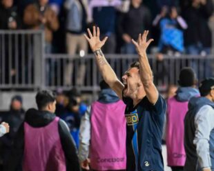 Daniel Gazdag celebrates with the River End after scoring his PK, putting the Union up 1-0 over LAFC.