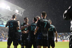 The boys celebrate the first goal of the night against Toronto FC.