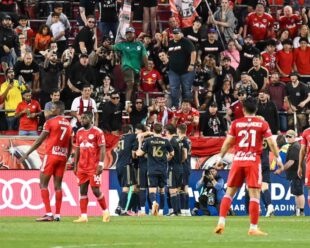 The Union celebrate a goal off a PK in front of the part of the South Ward. This is the first time since the Montreal game that a supporters group NY RedBulls has attended a game.