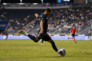 Julián Carranza takes a shot on goal in the 2nd half. The Union were unable to put the ball in the net in regular time.