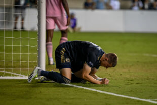 Mikeal Uhre starts to show defeat after Miami denies the Union another goal opportunity.