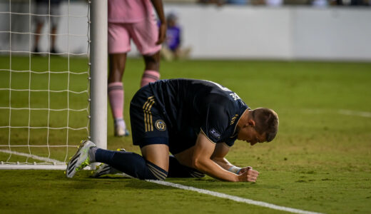 Mikeal Uhre starts to show defeat after Miami denies the Union another goal opportunity.