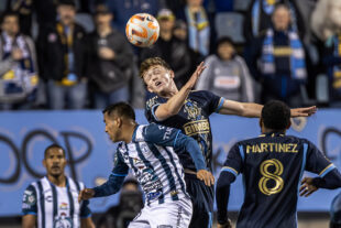 Philadelphia Union midfielder Jack McGlynn heads the ball over Pachuca’s Erik Sanchez in the first half of the Union’s 0-0 draw against Pachuca at Subaru Park in Chester, Pa. on Tuesday night, March 5, 2024.