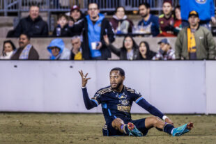 Philadelphia Union midfielder José Martinez gestures to the official after he was dragged to the ground multiple times in the first half of the Union’s 0-0 draw against Pachuca at Subaru Park in Chester, Pa. on Tuesday night, March 5, 2024.