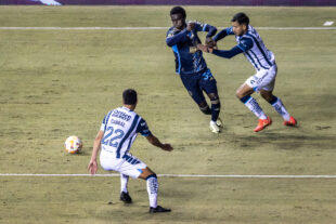 Philadelphia Union forward Markus Anderson is held back by Pachuca’s Barreto (right) as he tries to move into the box in the second half of the Union’s 0-0 draw against Pachuca at Subaru Park in Chester, Pa. on Tuesday night, March 5, 2024.