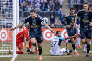 Philadelphia Union midfielder Daniel Gazdag celebrates a goal in the first half of the Union’s 2-0 win over Minnesota United at Subaru Park in Chester, Pa. on March 30, 2024. The goal put Gazdag within three of reaching the Union’s all-time goal scoring record held by Sebastian LeToux.