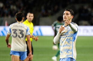 Philadelphia Union forward Julian Carranza points to the camera after Quinn Sullivan (left) score a goal in the second half of the Union’s 3-1 win over the Timbers at Providence Park in Portland, Ore. on Saturday night, March 23, 2024. (Darby Winter/Special to The Philly Soccer Page)