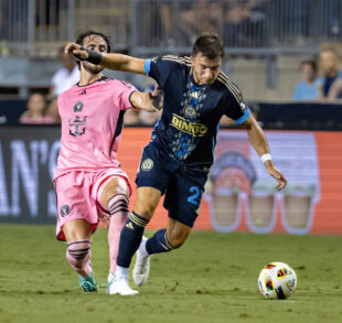 Leonardo Campana appears to push Kai Wagner during match between Philadelphia Union and Inter Miami CF.