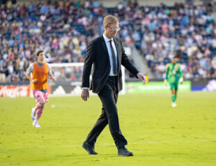 Philadelphia Union Head Coach Jim Curtin looks down showing his frustration after their lost against Inter Miami CF.
