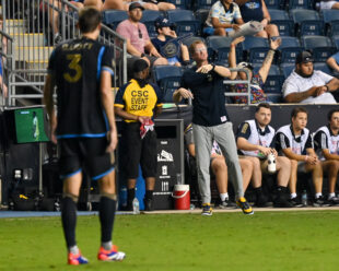 Union Head Coach, Jim Curtin gives his players directions after the Red Bulls pressured the defense.