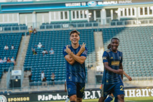 Leandro Soria celebrates after scoring against Chattanooga FC.