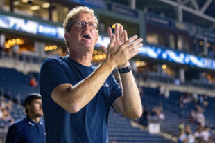 Philadelphia Union Head Coach Jim Curtin applauds both his team and the fans for their impressive performance in the match against Nashville SC after defeating them 3-0.