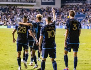 Philadelphia Union's Daniel Gazdag celebrate his third goal during a match against the Nashville SC