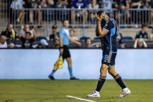 Philadelphia Union striker Tai Baribo reacts after missing a shot in the first half of the Union’s 1-0 loss to the Columbus Crew at Subaru Park in Chester, Pa. on Wednesday night, August 28, 2024. (Kyle Grantham/Philly Soccer Page)