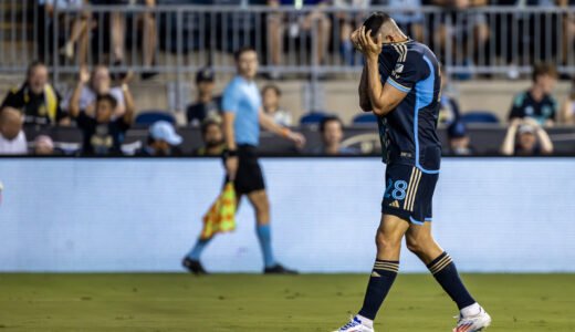 Philadelphia Union striker Tai Baribo reacts after missing a shot in the first half of the Union’s 1-0 loss to the Columbus Crew at Subaru Park in Chester, Pa. on Wednesday night, August 28, 2024. (Kyle Grantham/Philly Soccer Page)