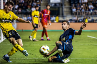 Philadelphia Union left back Kai Wagner slides in front of a clearance from Columbus Crew midfielder Sean Zawadzki (left) in the first half of the Union’s 1-0 loss to the Columbus Crew at Subaru Park in Chester, Pa. on Wednesday night, August 28, 2024. (Kyle Grantham/Philly Soccer Page)