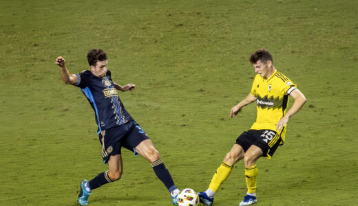 Philadelphia Union midfielder Leon Flach (left) and Columbus Crew midfielder Sean Zawadski (right) fight for the ball in the second half of the Union’s 1-0 loss to the Columbus Crew at Subaru Park in Chester, Pa. on Wednesday night, August 28, 2024. (Kyle Grantham/Philly Soccer Page)