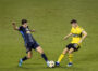 Philadelphia Union midfielder Leon Flach (left) and Columbus Crew midfielder Sean Zawadski (right) fight for the ball in the second half of the Union’s 1-0 loss to the Columbus Crew at Subaru Park in Chester, Pa. on Wednesday night, August 28, 2024. (Kyle Grantham/Philly Soccer Page)