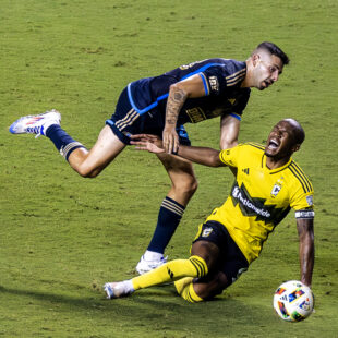 Philadelphia Union striker Tai Baribo (left) collides with Columbus Crew midfielder Darlington Nagbe (right) in the second half of the Union’s 1-0 loss to the Columbus Crew at Subaru Park in Chester, Pa. on Wednesday night, August 28, 2024. (Kyle Grantham/Philly Soccer Page)