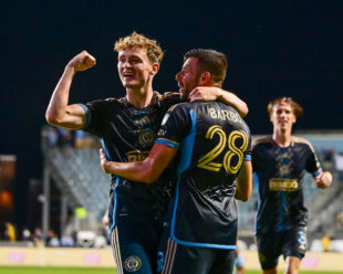 Jack McGlynn and Tia Baribo celebrate their connection that led to the second goal of the night, securing the win for the Union.