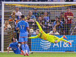 Philadelphia Union goal keeper 
Andrew Rick dives but fail to save  the ball marking the first and only score by the New York City FC in the Big Apple on September 18, 2024, at Yankee Stadium.