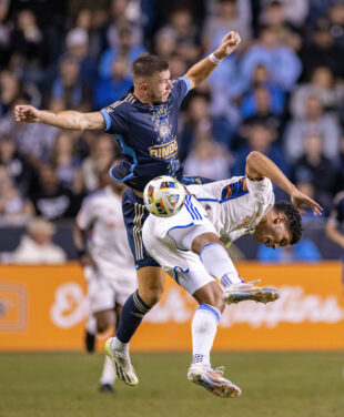 Kai Wagner and Nicholas Gioacchini leap for a header but missed.