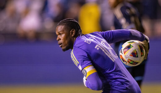 Goalkeeper Andre Blake looks for an opening to throw a pass.