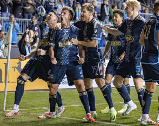 Union's Ian Glavinovich celebrates with his team after scoring a goal. Philadelphia Union beats St. Louis City SC 1-0 at Subaru Park, Chester, Pa., March 22, 2025.

Photo by Ron Soliman