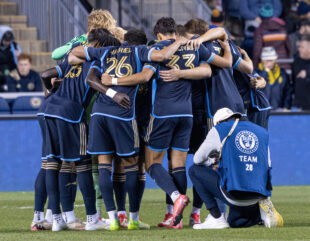 The Boys in Blue huddle before the match against the undefeated St. Louis City SC.