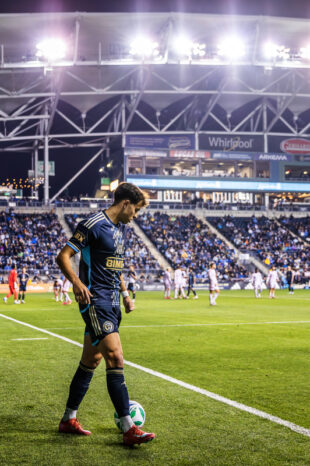 Philadelphia Union midfielder Quinn Sullivan prepares to take a corner in the first half of the Union’s 0-0 draw against Orlando on Saturday night, April 5, 2025.