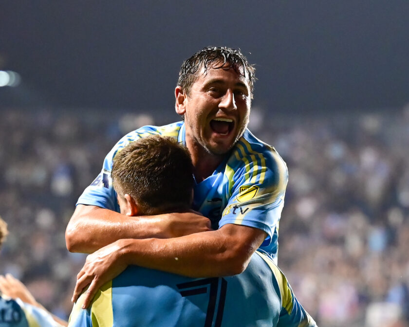 Alejandro Bedoya didn't miss the opportunity to celebrate Mikeal Uhre's goal at the end of the game.